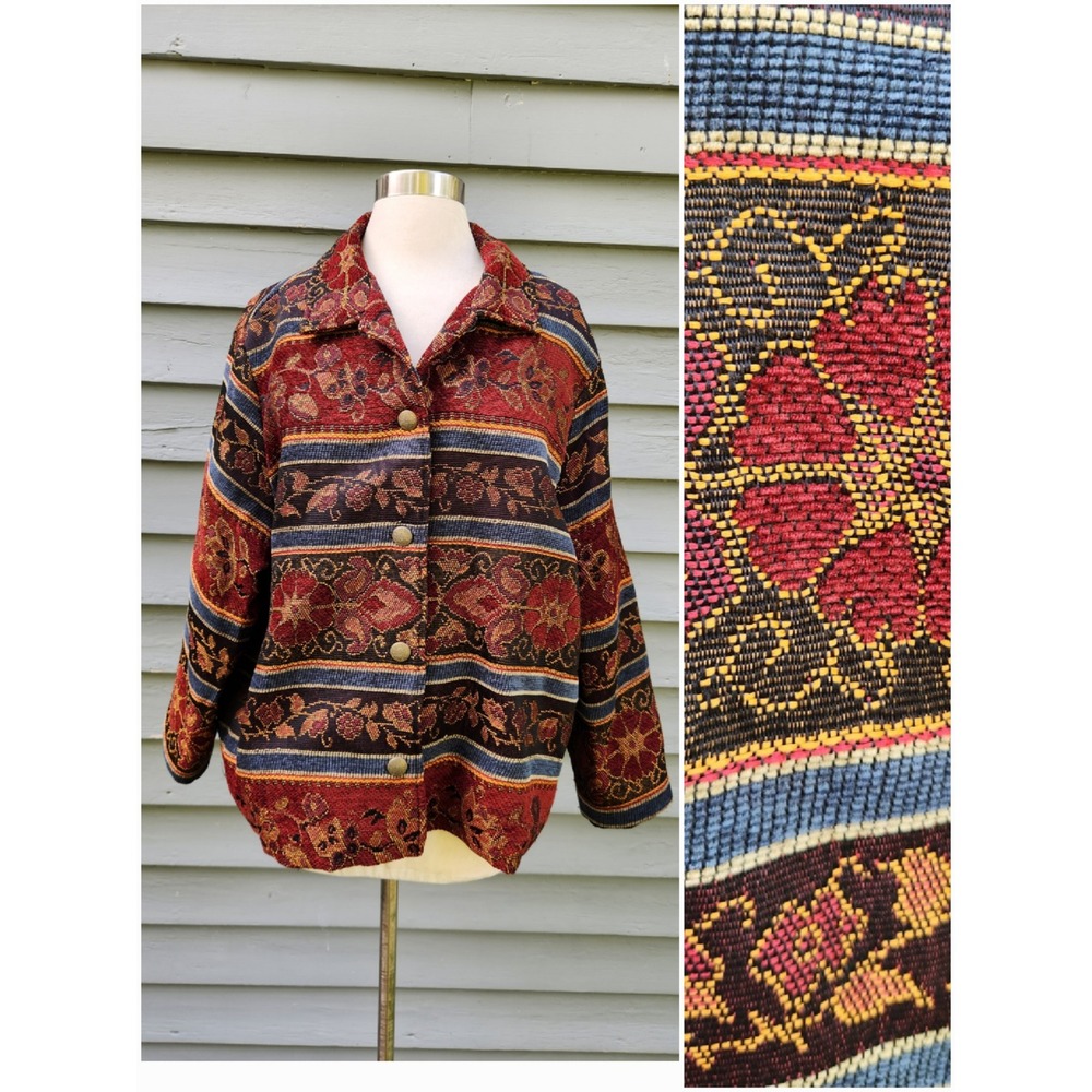 Vintage 90s White Stag Tapestry Jacket Bordeaux Red Floral Woven Button Front XL
